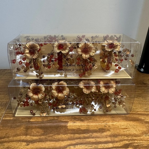 Pier 1 Imports Other - Pier 1 Imports Beaded Floral Napkin Rings Red Gold Set of 8 SKU 2074553 Holiday